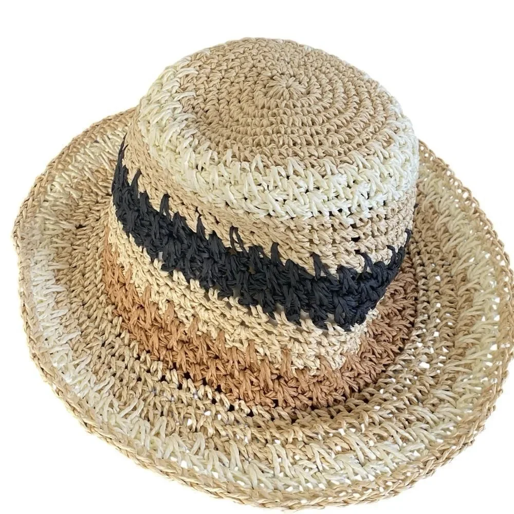 Crochet Stripe Beige Black Ivory Bucket Hat NWT